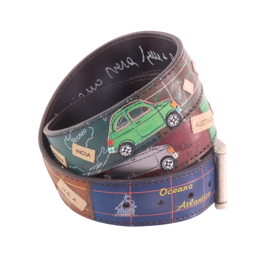 Cinture personalizzate, su misura. Applicazioni Fiat 500, Mappamondo, Viaggio, Giro del Mondo. Accessorio artigianale, dipinta a mano, fatta in Italia.