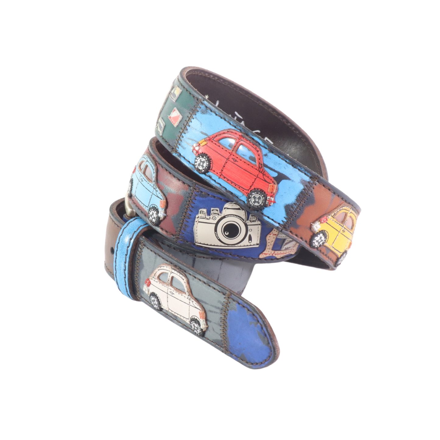 Cinture personalizzate, su misura. Applicazioni Fiat 500, auto d'epoca, fotografia vintage. Accessorio artigianale, dipinta a mano, fatta in Italia.