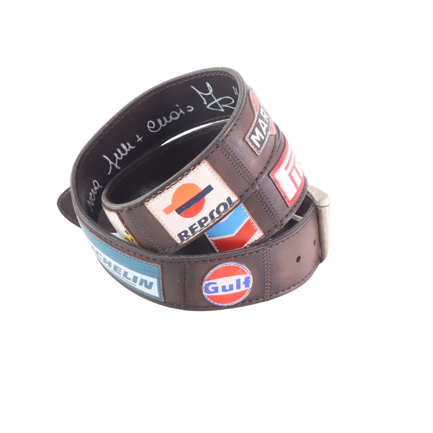 Cinture personalizzate, su misura. Applicazioni Martini, Agip, Gulf, Pirelli, Esso, Repsol. Accessorio artigianale, dipinta a mano, fatta in Italia.