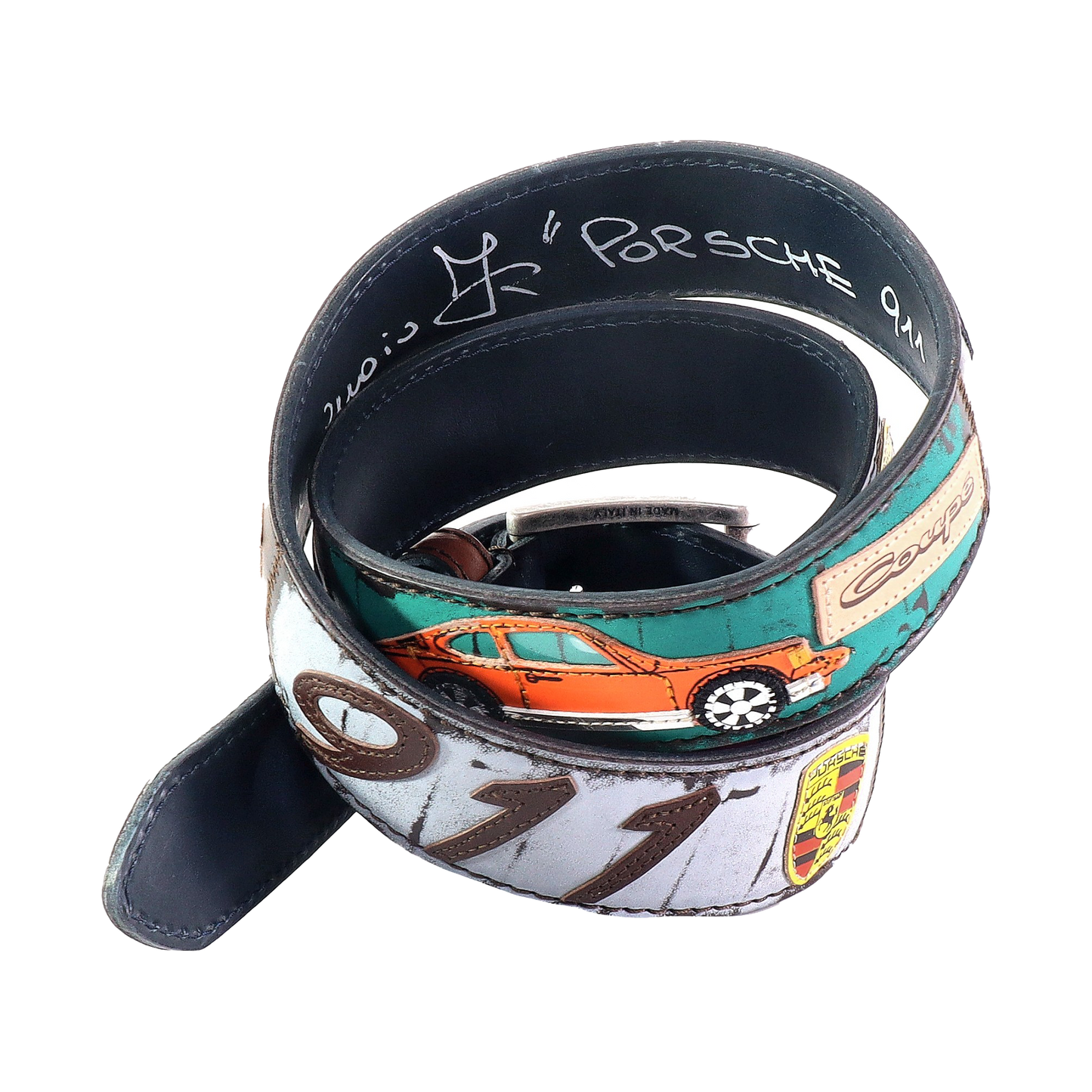 Cinture personalizzate, su misura. Applicazioni Porsche 911 Coupe, auto classiche sportive. Accessorio artigianale in pelle, dipinta a mano, fatta in Italia.