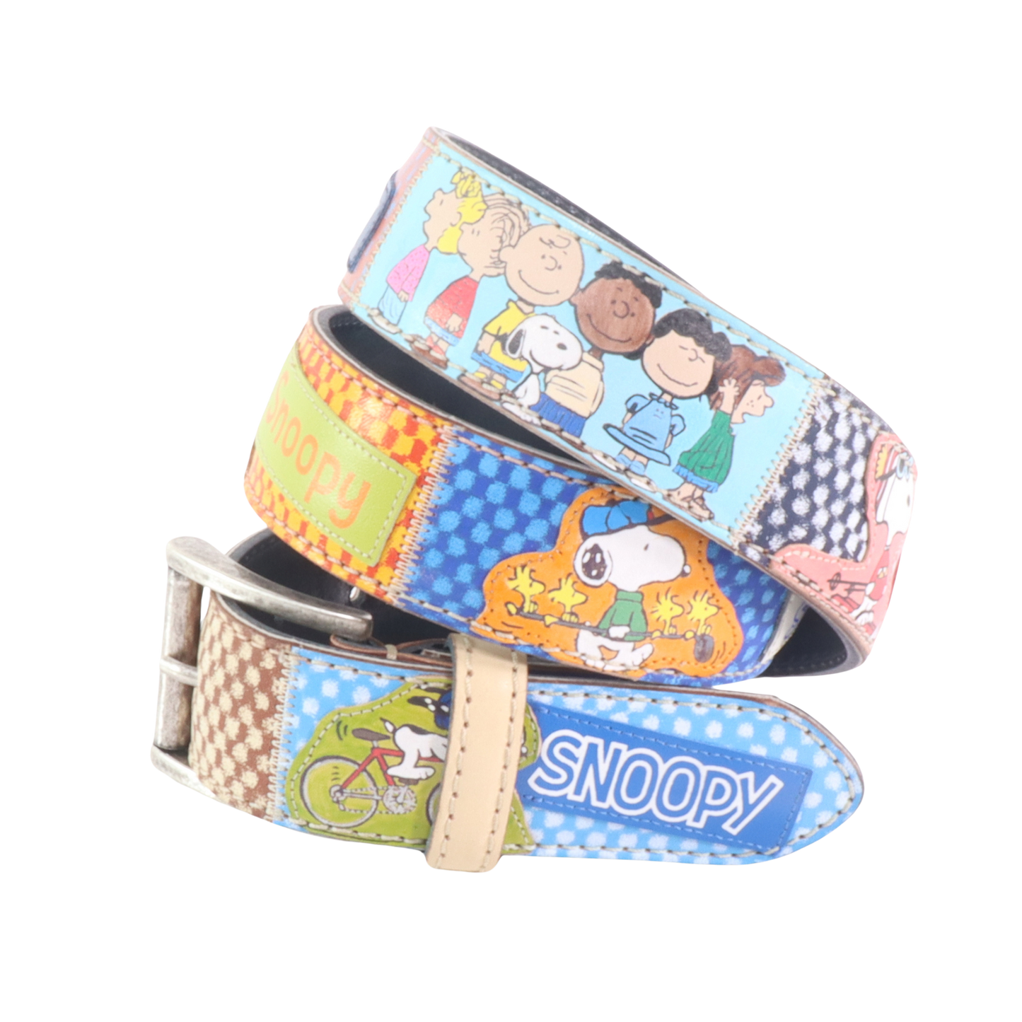 Cinture personalizzate, su misura. Applicazioni Snoopy, Peanuts, Charlie Brown, Woodstock, Lucy. Accessorio artigianale, dipinta a mano, fatta in Italia.