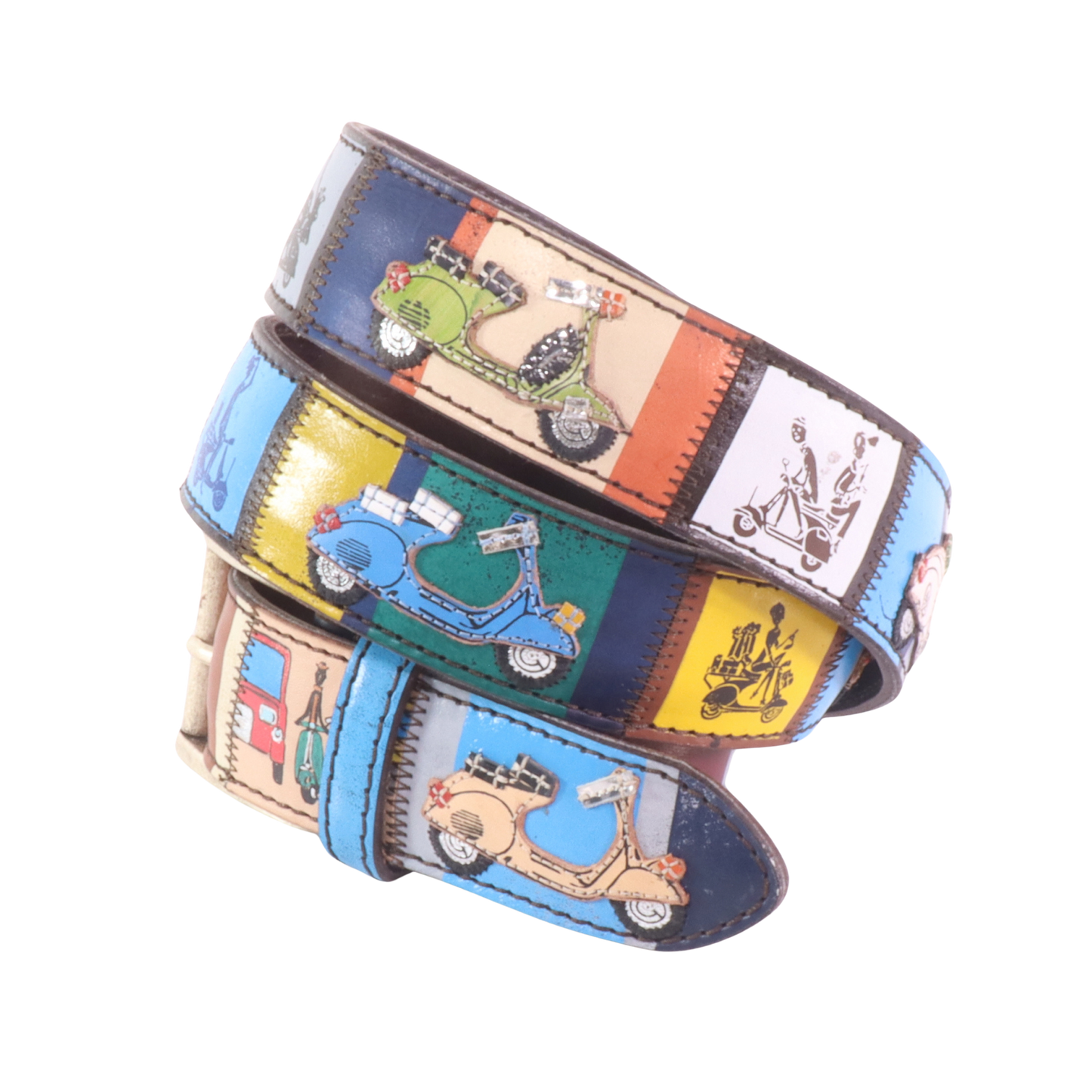 Cinture personalizzate, su misura. Applicazioni Vespa, Vignette vintage. Accessorio artigianale, dipinta a mano, fatta in Italia.
