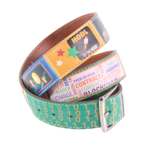 Cinture personalizzate, su misura. Applicazioni Bitcoin, Crypto, Blockchain, HODL, Satoshi. Accessorio artigianale, dipinta a mano, fatta in Italia.