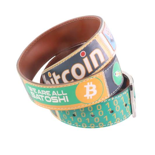Cinture personalizzate, su misura. Applicazioni Bitcoin, We Are All Satoshi, Crypto, HODL. Accessorio artigianale, dipinta a mano, fatta in Italia.