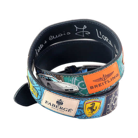 Cinture personalizzate, su misura. Applicazioni Ferrari, Rolex, Omega, Breitling. Accessorio artigianale, dipinta a mano, fatta in Italia.