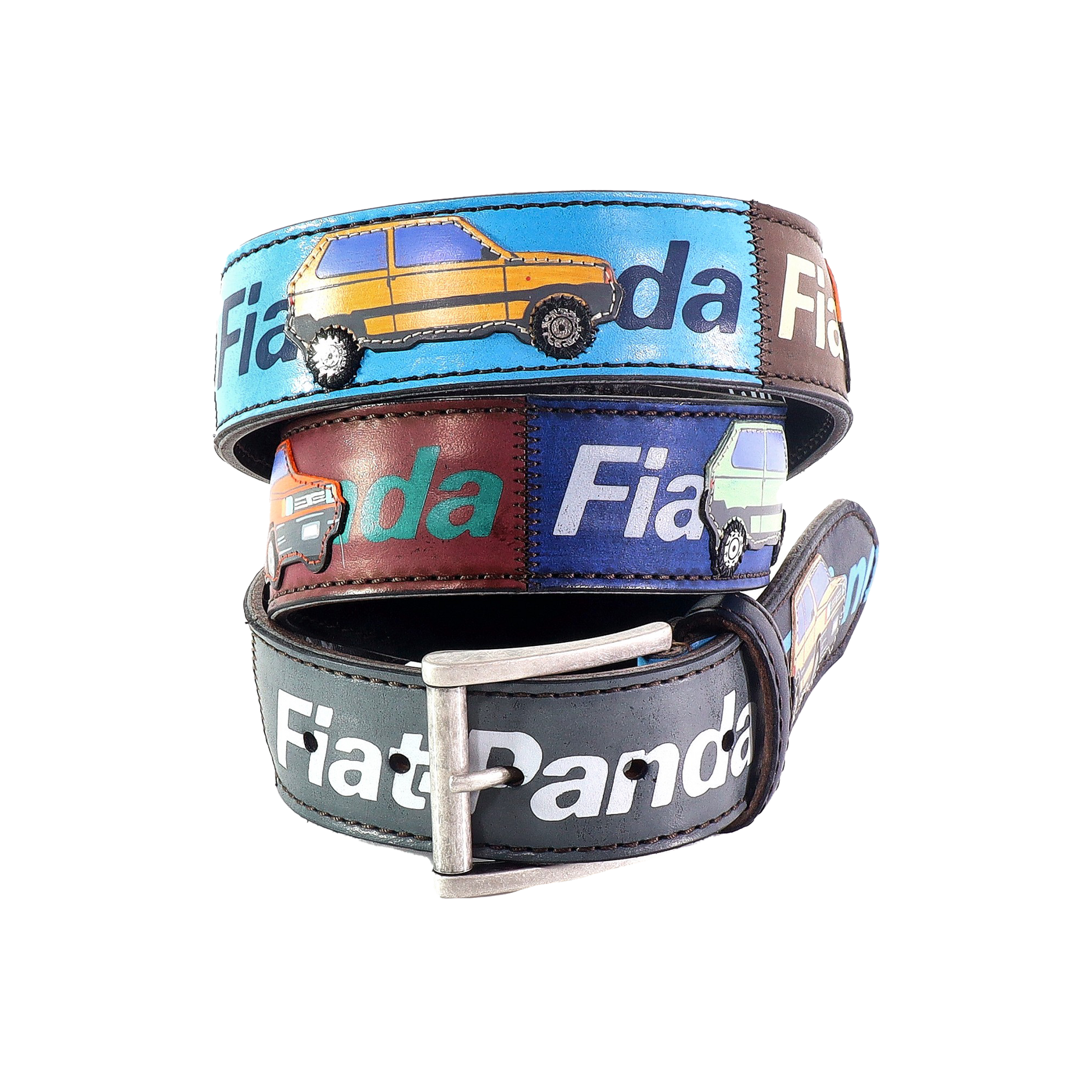 Cinture personalizzate, su misura. Applicazioni Fiat Panda, Auto classiche, Vintage. Accessorio artigianale in pelle, dipinta a mano, fatta in Italia.