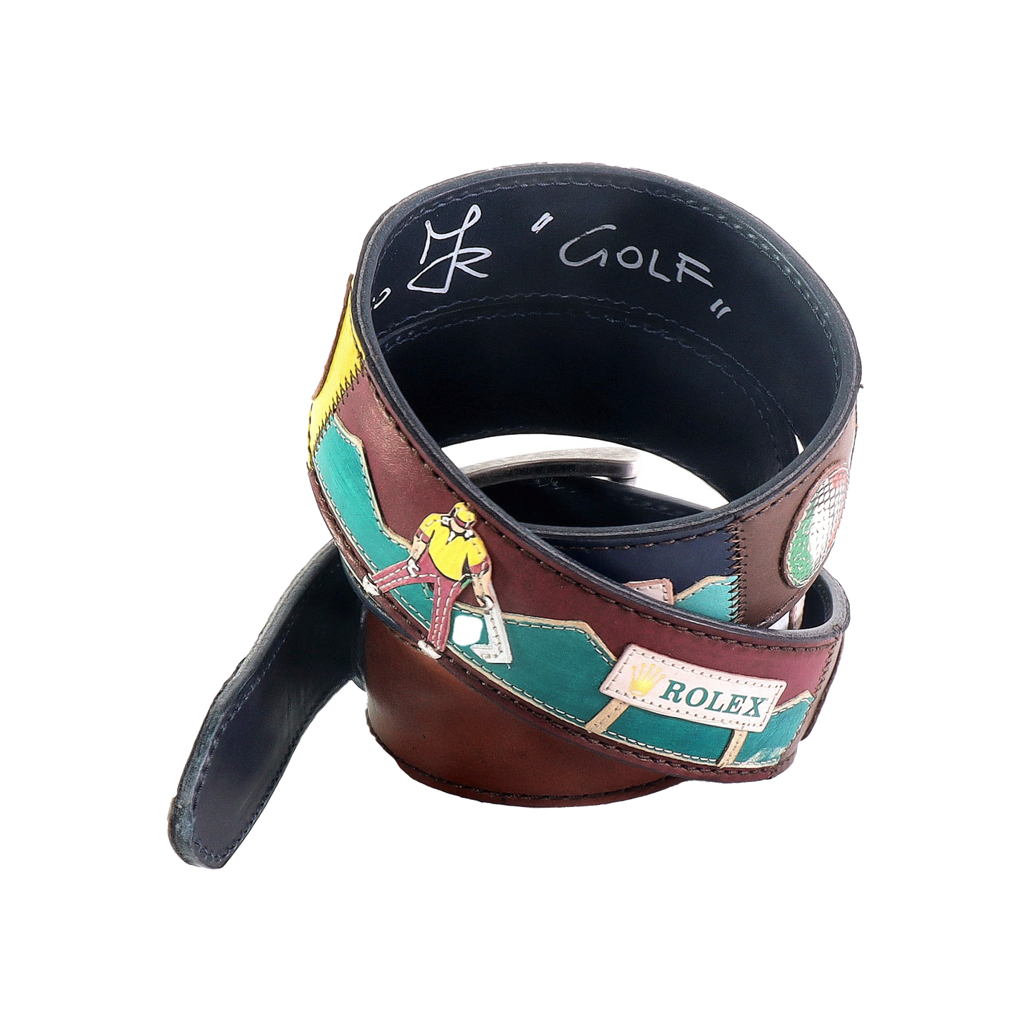 Cinture personalizzate, su misura. Applicazioni Golf, J&B, Martini, Johnnie Walker. Accessorio artigianale, dipinta a mano, fatta in Italia.