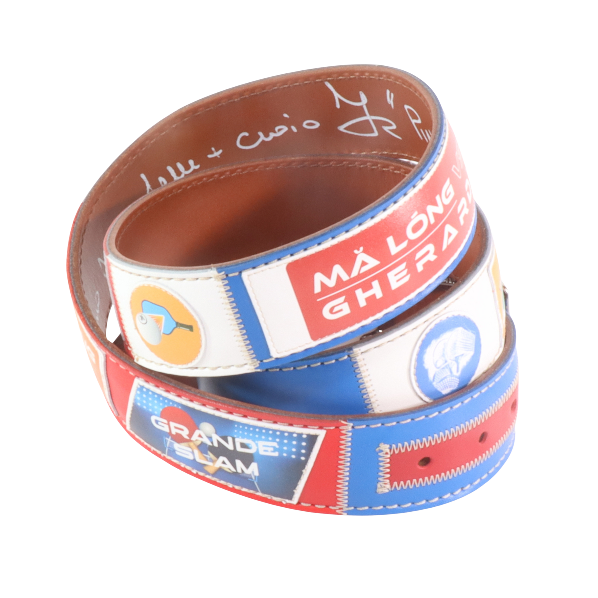 Cinture personalizzate, su misura. Applicazioni Ma Long vs Gherardi, Grand Slam, Tennis Tavolo. Accessorio artigianale, dipinta a mano, fatta in Italia.