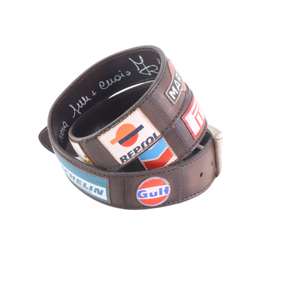 Cinture personalizzate, su misura. Applicazioni Martini, Agip, Gulf, Pirelli, Esso, Repsol. Accessorio artigianale, dipinta a mano, fatta in Italia.