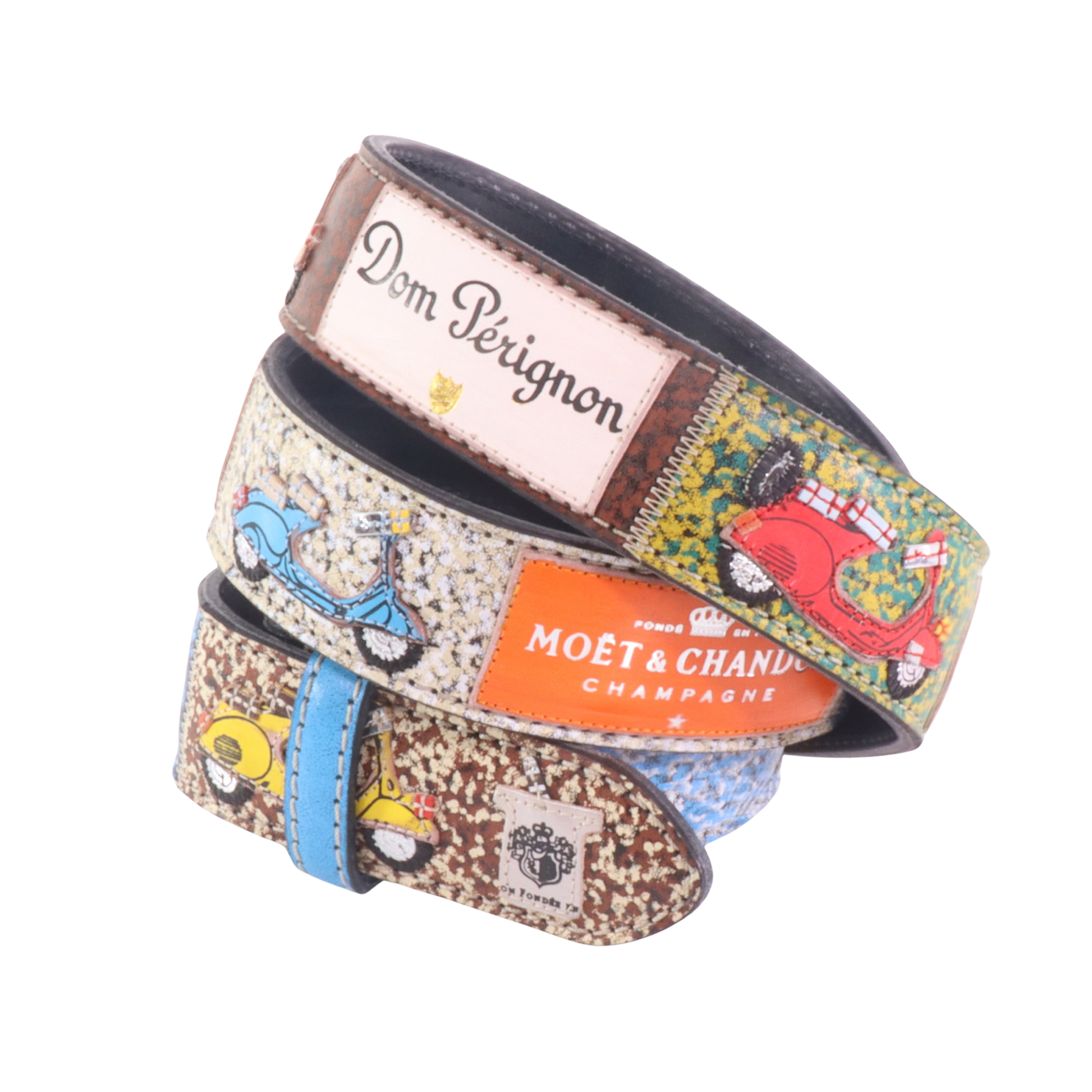 Cinture personalizzate, su misura. Applicazioni Moet & Chandon, Dom Perignon, Laurent Perrier, Krug. Accessorio artigianale, dipinta a mano, fatta in Italia.
