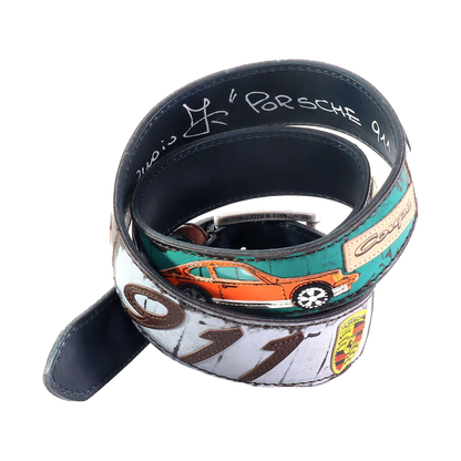 Cinture personalizzate, su misura. Applicazioni Porsche 911 Coupe, auto classiche sportive. Accessorio artigianale in pelle, dipinta a mano, fatta in Italia.