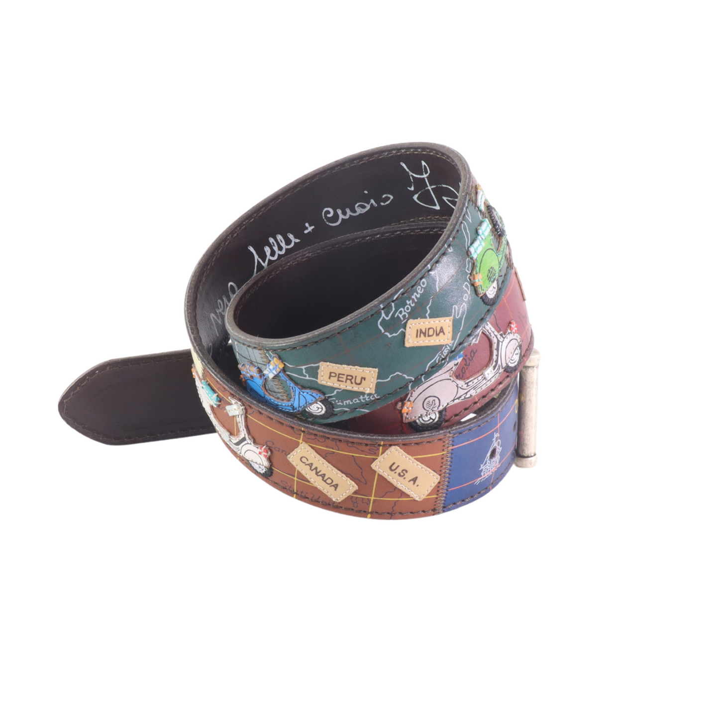 Cinture personalizzate, su misura. Applicazioni Vespa, Mappamondo, Viaggio, Giro del Mondo. Accessorio artigianale, dipinta a mano, fatta in Italia.