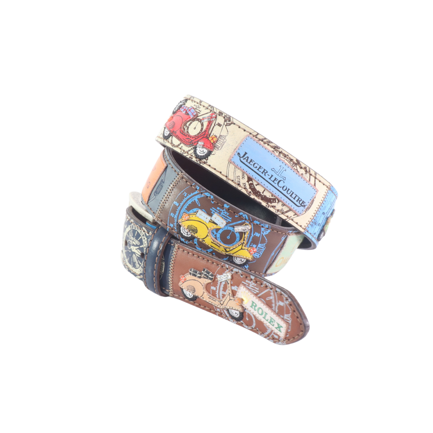 Cinture personalizzate, su misura. Applicazioni Vespa, Rolex, Hublot, Breitling, Jaeger-LeCoultre. Accessorio artigianale, dipinta a mano, fatta in Italia.