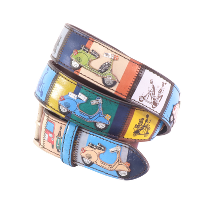 Cinture personalizzate, su misura. Applicazioni Vespa, Vignette vintage. Accessorio artigianale, dipinta a mano, fatta in Italia.