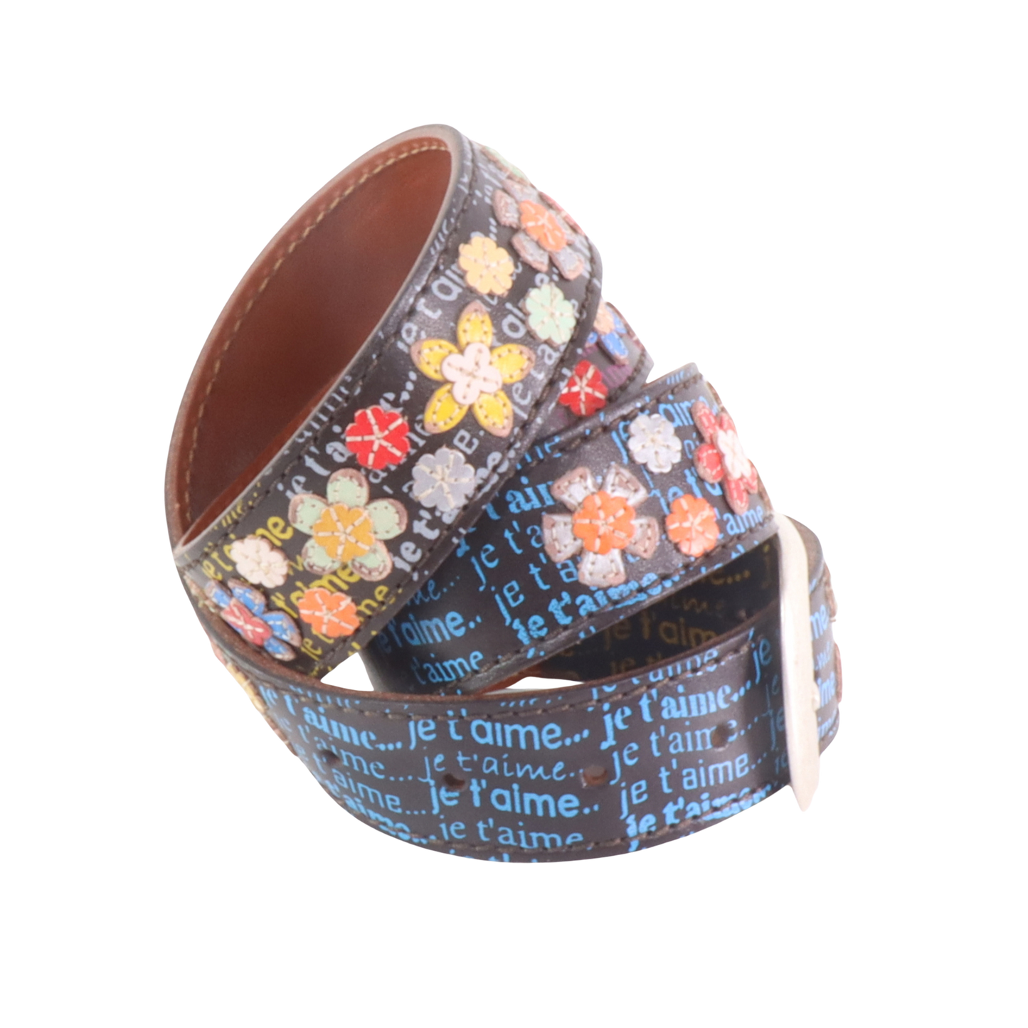 Cinture personalizzate, su misura. Applicazioni floreali e scritte colorate Je t'aime. Accessorio artigianale, dipinta a mano, fatta in Italia.